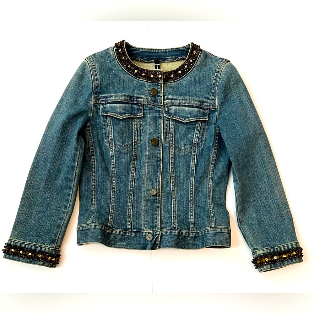 T Tahari Denim Jean Jacket M Embellished Beaded Coat Snap Closure  Pockets